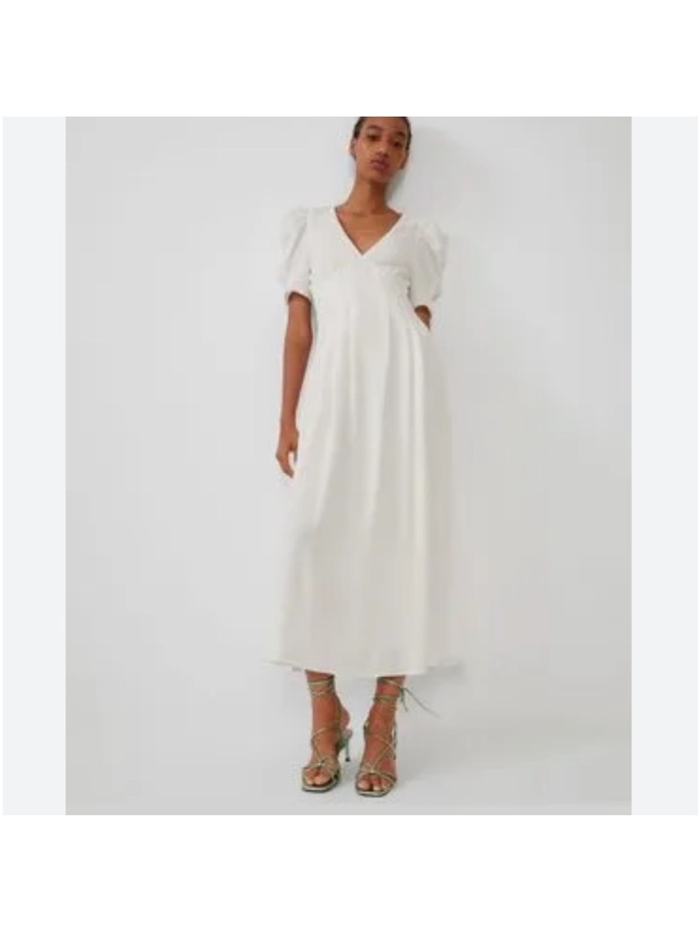 Zara Cream Maxi Dress with V-Neck and Puff Sleeves